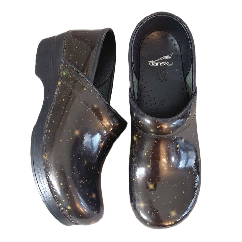 Dansko Black Clogs with Gold Star Speckle